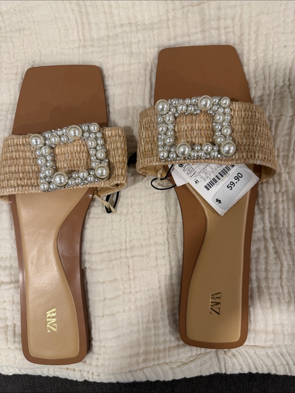 Zara Raffia Slide Sandals with Pearl Buckle in Tan